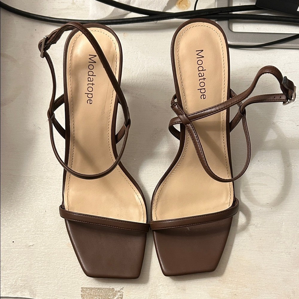 Massimo Dutti Brown Strappy Square-Toe Sandals